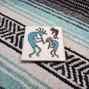 Vintage Masterworks Southwest Ceramic Tile Trivet Kokopelli White Hand Painted